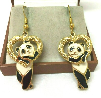 Vintage Schmuck wunderschöne Berebi Emaille Gelenk Panda Fisch Haken Ohrringe