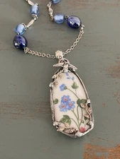 Blue Floral China Soldered Pendant Necklace with Blue Glass Handmade Chain Gift