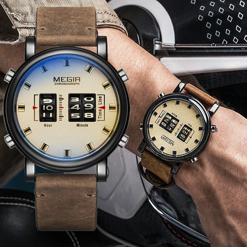 Quartz Analog Leather Drum Roller Business Watch for Men MEGIR