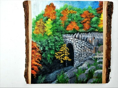 Hand Painted Stone Bridge & Fall Trees On Live Edge Basswood By Phyllis 