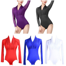 Women Adult Ruched Bodysuit Latin Dance Leotard Top Stage Costume Jumpsuit Shirt