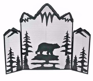 Rustic Black Bear Fireplace Screen Three Panel Foldable Mesh