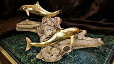 FAB ORIG SCULPTURE John Perry 2 LG BRASS DOLPHINS on Manzanita/Burl Wood HEAVY  