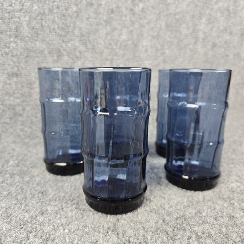 Set of 5 Libbey Bamboo Bash Blue Glass Tumblers 16 oz Retired MCM Vintage - Picture 3 of 8