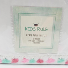 Kids Rule 3 Piece Twin Sheet Set Microfiber Pink Teal Tassel Trim Teen Girl