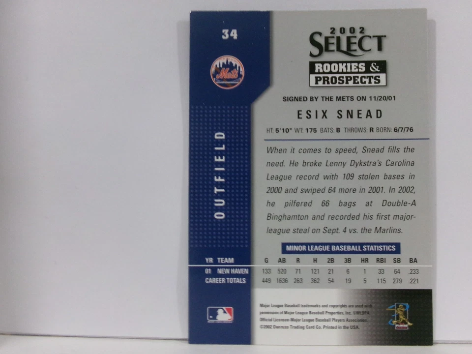 2002 Select Rookies & Prospects Auto Esix Snead #34 Auto - Image 2 of 2