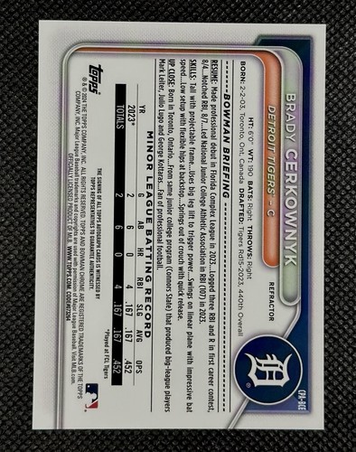 Brady Cerkownyk 2024 Bowman Chrome 1st Refractor Auto /499 #CPA-BCE TIGERS - Picture 2 of 2