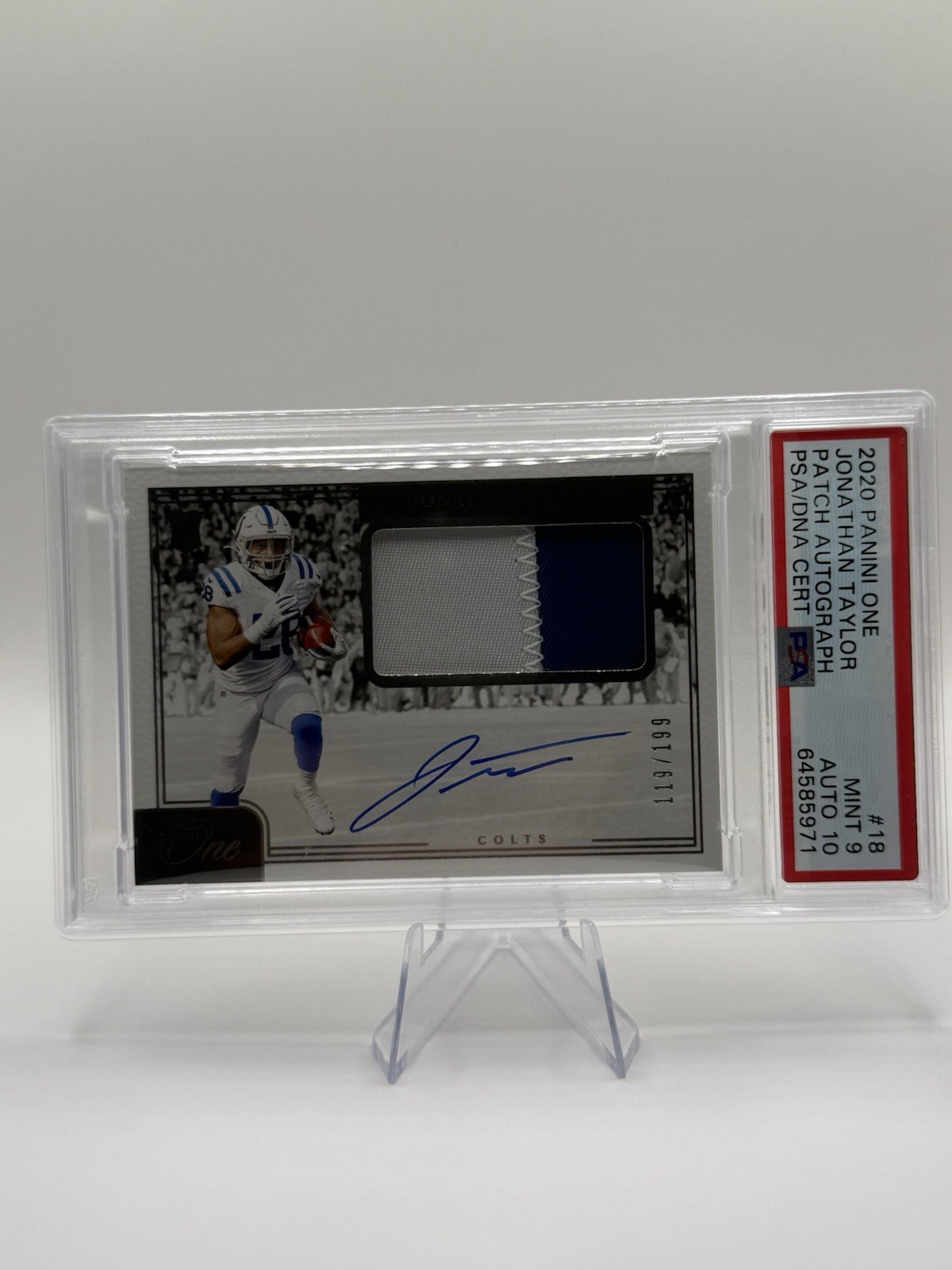 Panini 2020 One Rookie Patch Auto Jonathan Taylor #18/199 Colts PSA 64585971 view 1