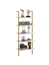 5 Tier Ladder Shelf White Marble Modern Bookcase Wall Mount Stand