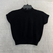 St John Womans Blouse Top Black Solid Small Wool Blend Short Sleeve Zip
