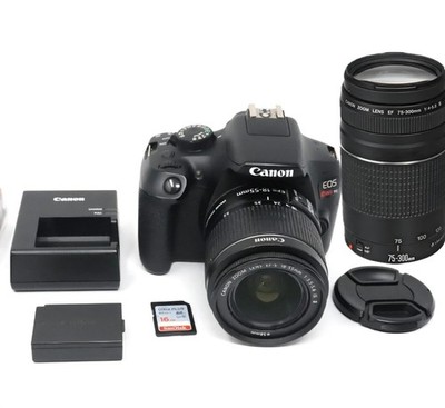 Canon EOS Rebel T6 1300D 18MP  Camera 18-55mm & 75-300mm Lens - Black- USED 