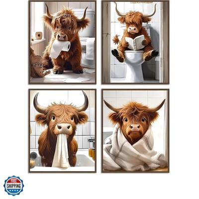 4Pcs Funny Highland Cow Wall Art Pictures, Rustic Cow Canvas Prints for Bathr...