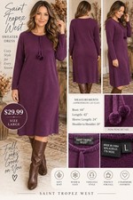 Saint Tropez West Sweater Dress L Purple Wool Blend Pom Pom Tie Long Sleeve