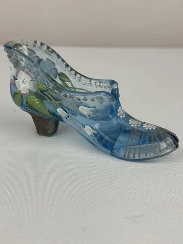 Fenton Art Glass Shoe Boot Ice Blue Hand Painted Signed Nancy Fenton 95th Anniv