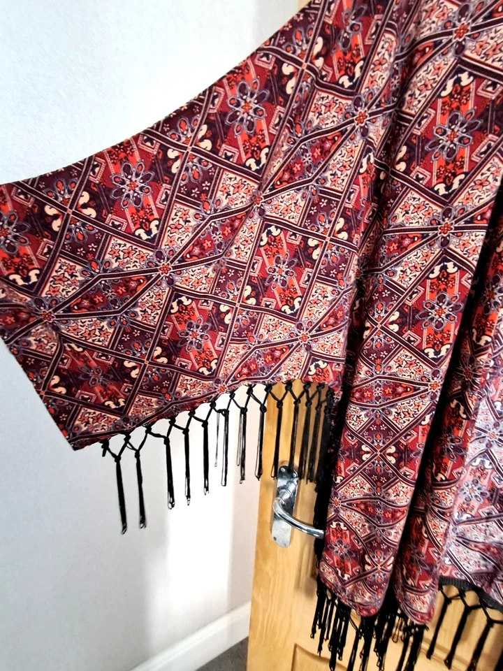 New Look Orange Mix Kimono Style Top Long Black Fringe to Hem & Sleeves Size 18 - Image 3 of 4