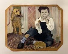 Fun Folk Art Watercolor Painting BOY With His DOG Caught With Cookie Ca 1935-40