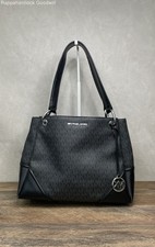 Michael Kors Black MK Monogram Logo Shoulder Bag Tote Silver Hardware