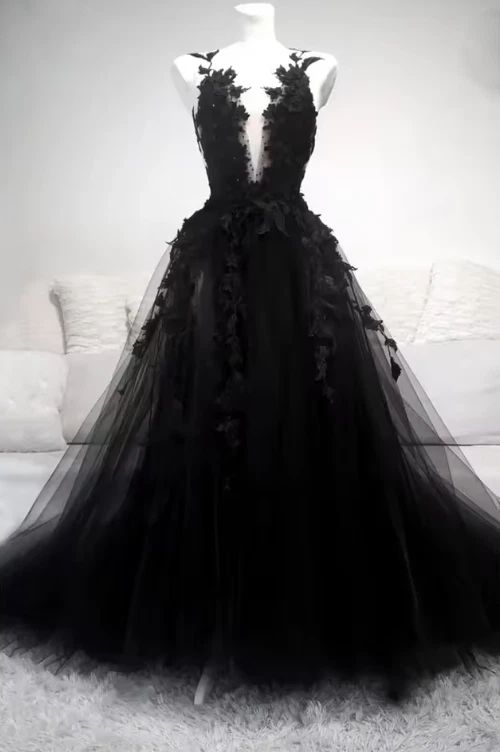 Black V-Neck Tulle Wedding Gown Lace Long Boho Dress A-Line Bridal Gowns - Image 2 of 4