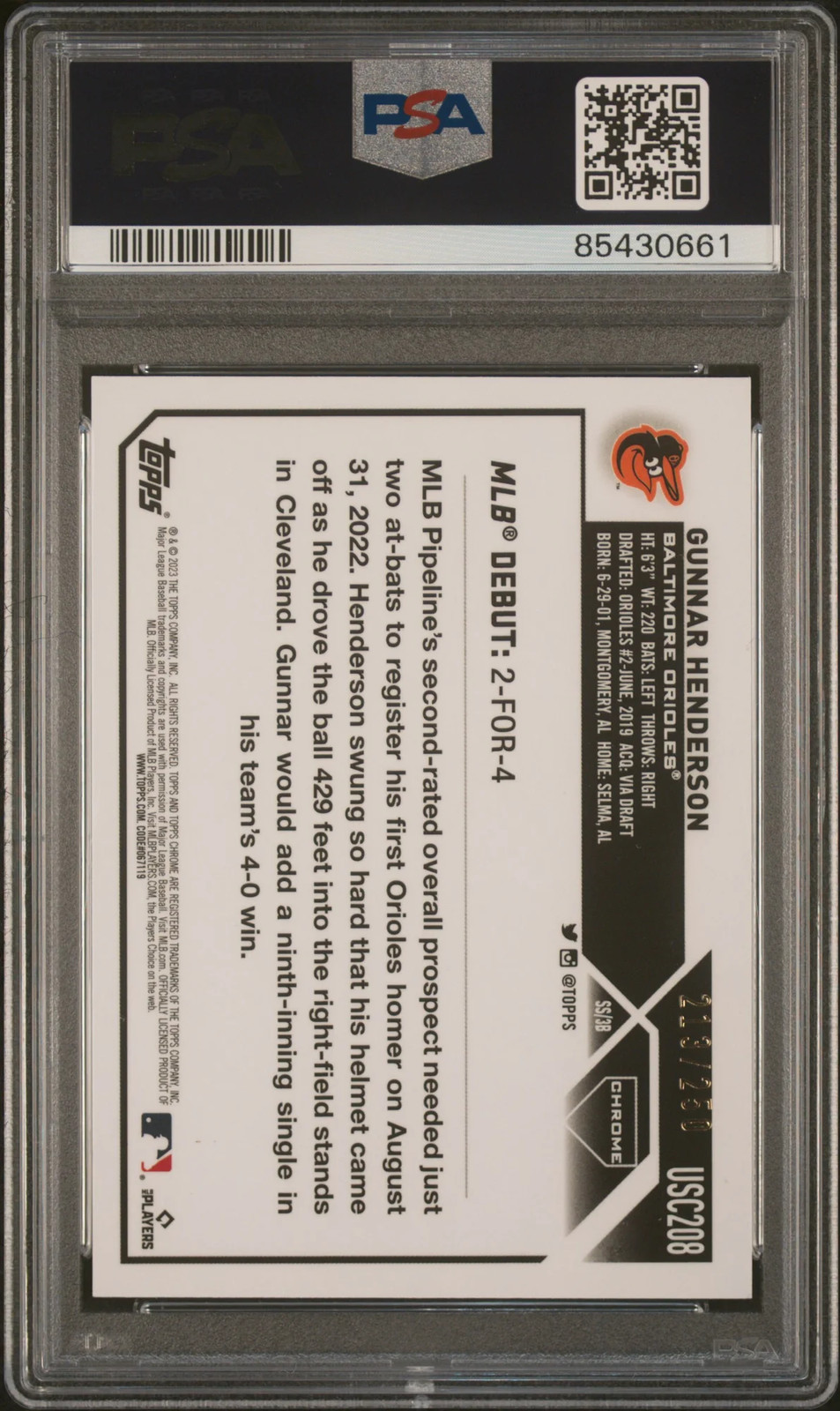 2023 Topps Chrome Update Gunnar Henderson #USC208 Purple Refractor PSA 10 view 2