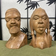 Pair of African Wooden Heads Carved Figures Sculptures