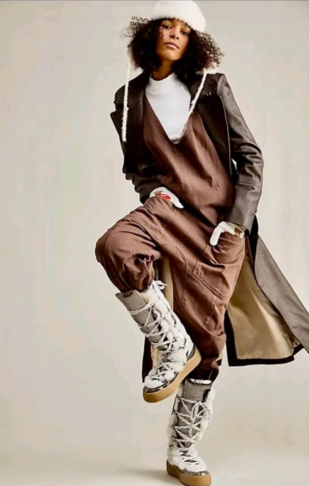 Free People Wilder Mukluk Tall Boots Faux Fur Lined Silver Leather Lace Up 8 - Image 3 of 4