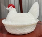 Vintage Westmoreland  Milk Glass Hen On Basket With Red Accent 40's perfect