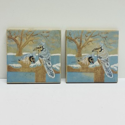 Coaster Trivet Blue Bird Blue Jay Southwestern Pottery Ceramic Tile Pair 4X4''