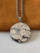 Silver On Stainless Steel moon, sun and star round pendant necklace