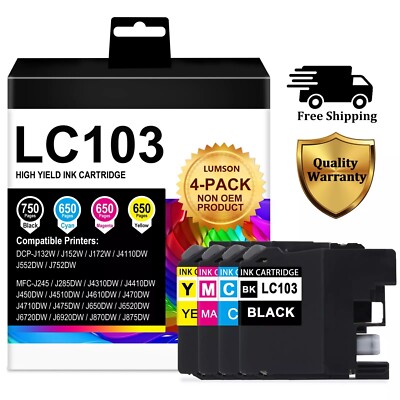 LC103 High Yield Ink Cartridges (BK/C/M/Y, 4-Pack) for Brother MFC-J870DW