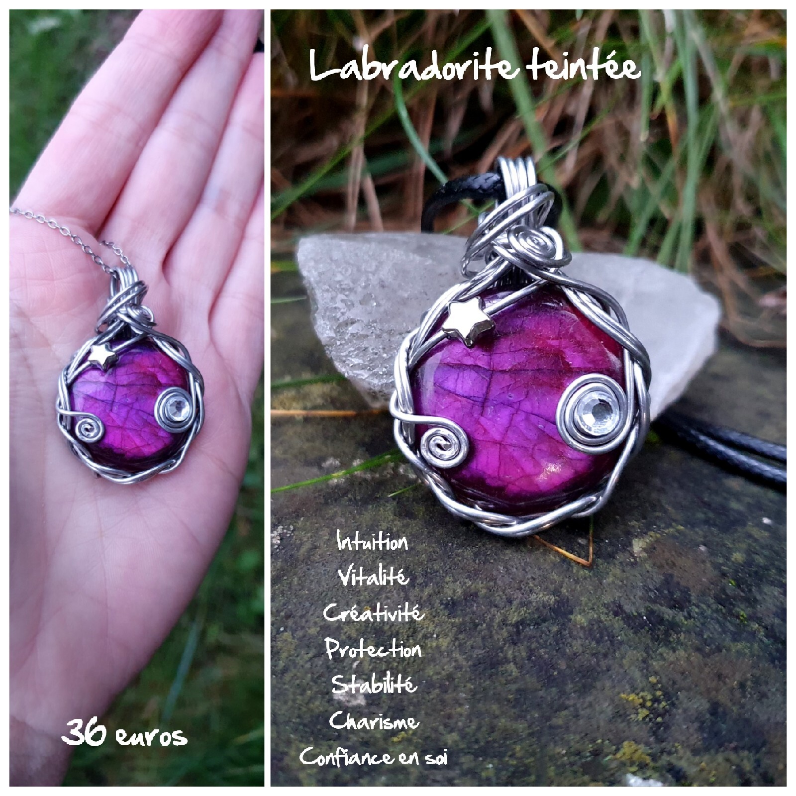 Pendentif en labradorite teintée bijoux pierre naturelle collier femme et homme violet