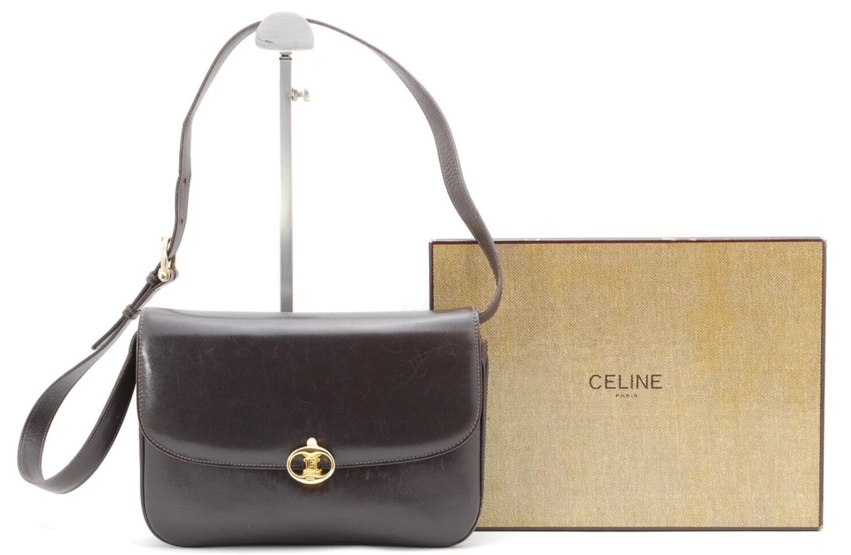 Vintage CELINE Triomphe Shoulder Bag Leather Black Authentic