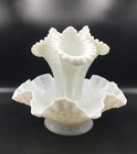 Vintage Fenton White Milk Glass Hobnail Diamond Lace 3 Trumpet Horn Epergne 9”