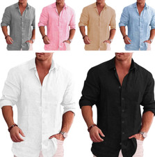 Cotton Linen Shirt Mens Long Sleeve Button Down Collar Casual Breathable 25 OFF