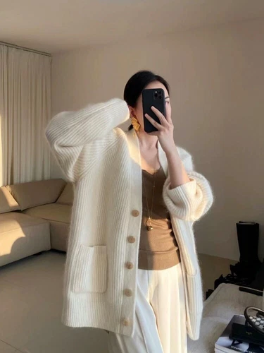 100% Wool Cashmere Cardigan Sweater Women Warm Loose Thicken Knit Sweater Jacket - Bild 6 von 13