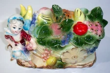 1950s Fairyland Import Japan Ceramic Covered Trinket Candy Dish Girl & Fruit