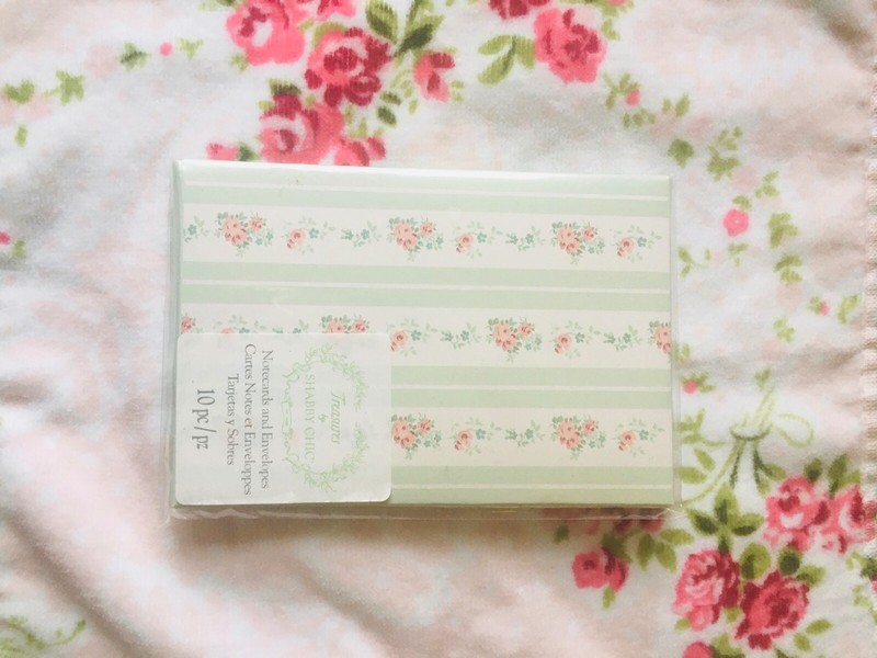BRAND NEW TREASURES BY SHABBY CHIC GREEN STRIPES/ROSES NOTE CARDS AND ENVELOPES 