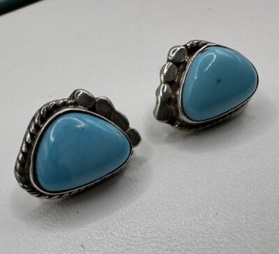 Sterling Silver 925 Turquoise Stud Earrings Signed RB Southwestern Running Bear