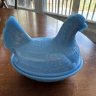 Vtg Wilkerson Blue Milk Glass Hen On Nest Covered Candy Dish 5 1/2”