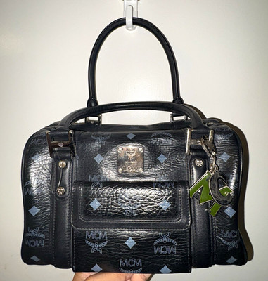 MCM Black Monogram Satchel Top Handle Bag Zip Closure Silver Hardware Charm Med