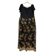 Gold Black Floral Maxi Dress Women Plus Size 2XL Festive Wedding Formal Ral