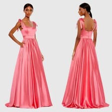 Mac Duggal Coral Pink Tie Shoulder Satin Ballgown Size 10 $398
