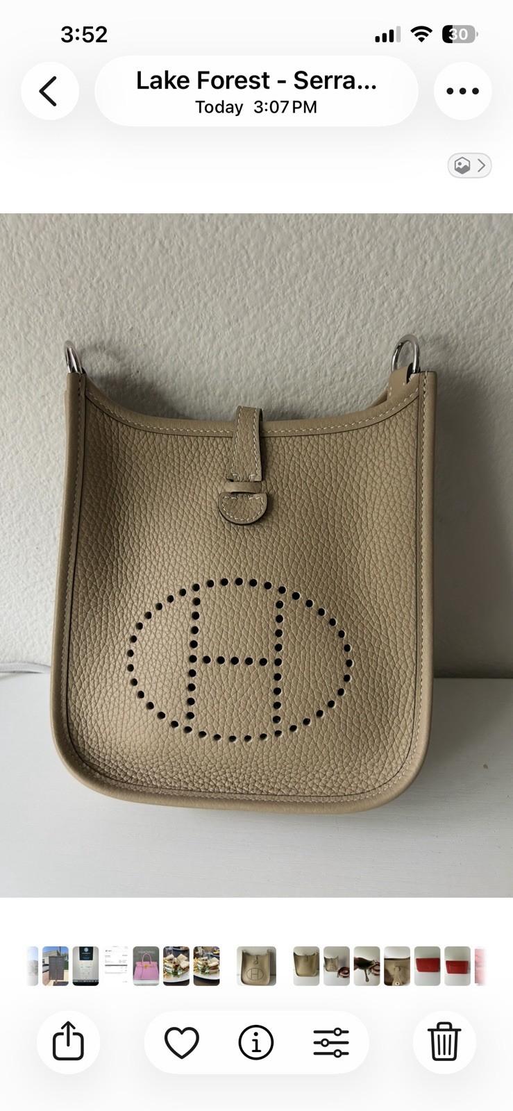Hermes Mini Evelyne 16 TPM Etoupe Clemence Leather Palladium Hardware Excellent