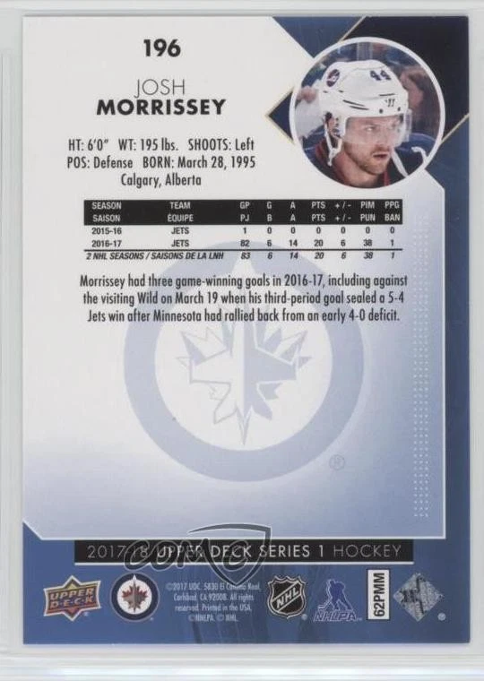 2017-18 Upper Deck Silver Foil Josh Morrissey #196 - Image 2 of 2