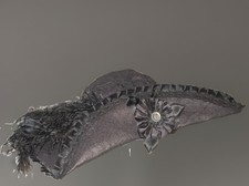 Black Felt TriCorn Pirate Wide Brim Hat Feather Ribbon Rosette One Sz Handcrafte