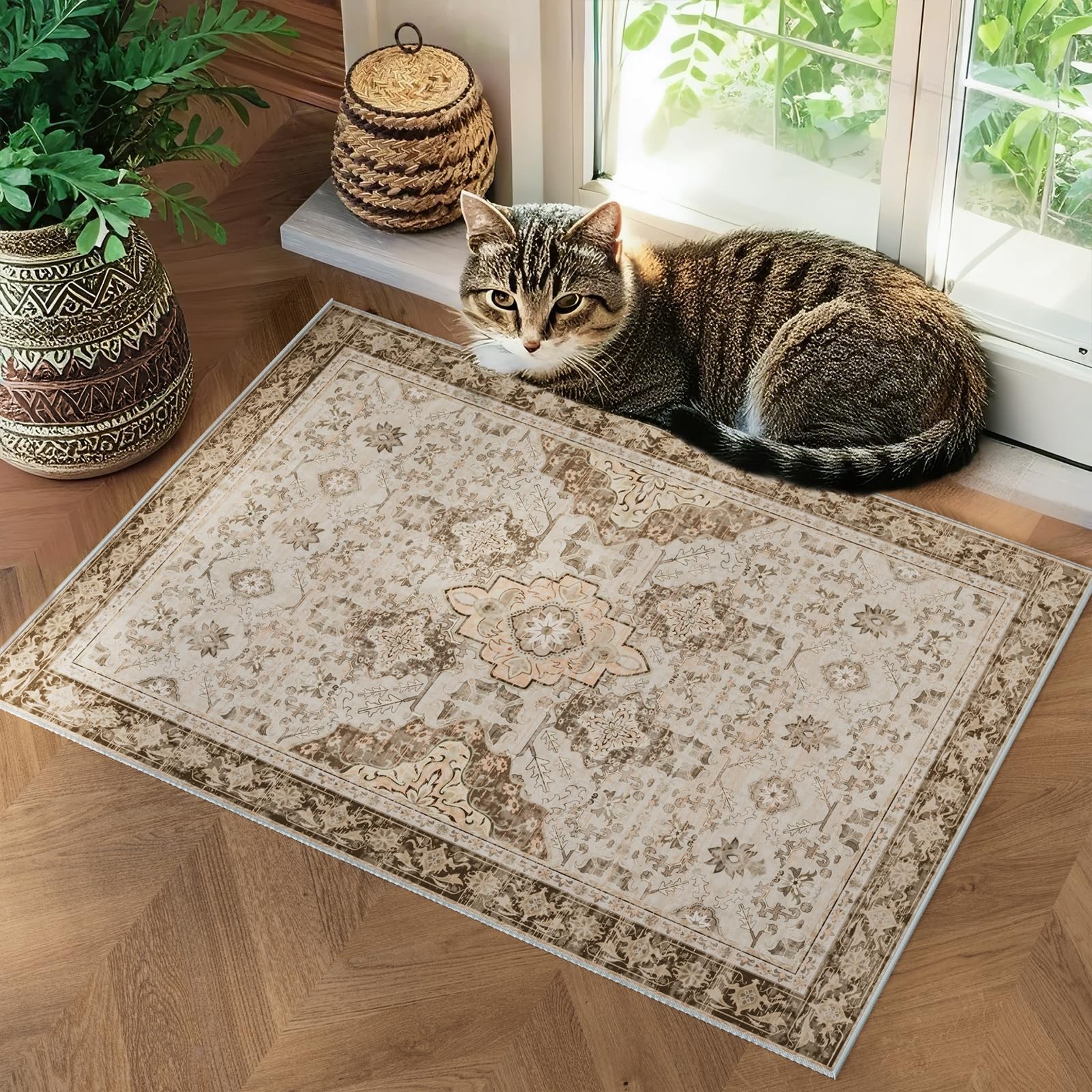 2x3 Washable Entryway Area Rug Door Mat, Vintage Boho Distressed Print Patter...