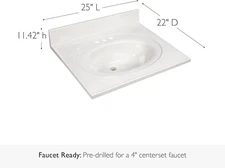 Design House Cultured Marble Vanity Top, 25 in W x 22 in D, Integrated 4 in Cent