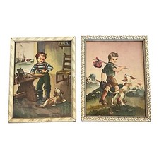 2 Vintage Reliance Industries Glass Framed Pictures Hummel Style Boys Farm Sea