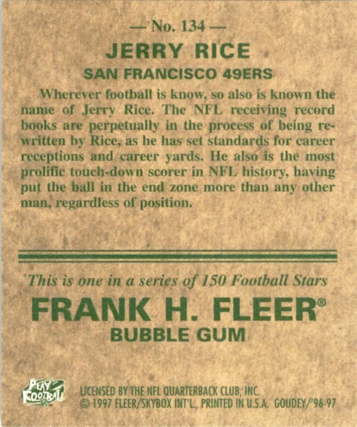Tarjeta de fútbol americano Fleer Goudey Jerry Rice 1997 San Francisco 49ers #134 Foto 2 de 2