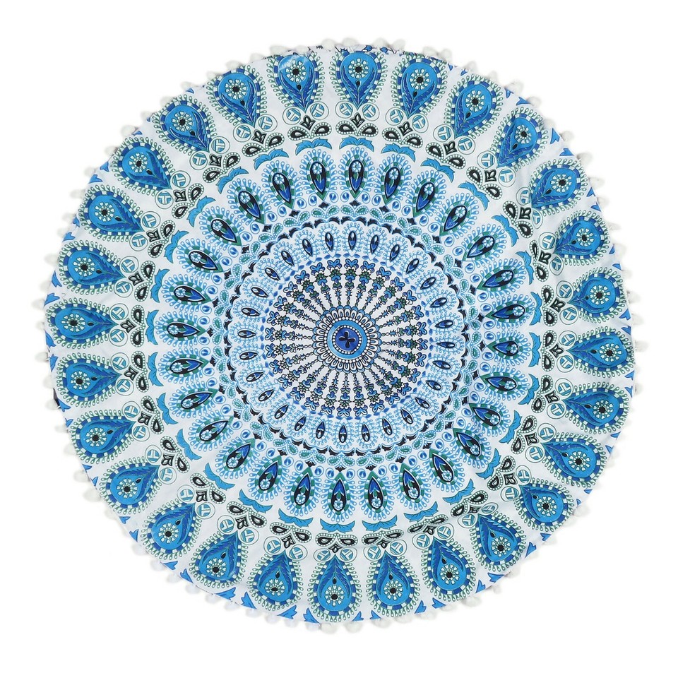 Grand Coussin De Sol Rond 90 Cm – Housse Motif Mandala Paon – Coton Fait Main – Inde