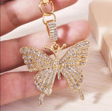 Crystal Encrusted Butterfly White Diamond Crystal Gold Metal Keychain Car Charm